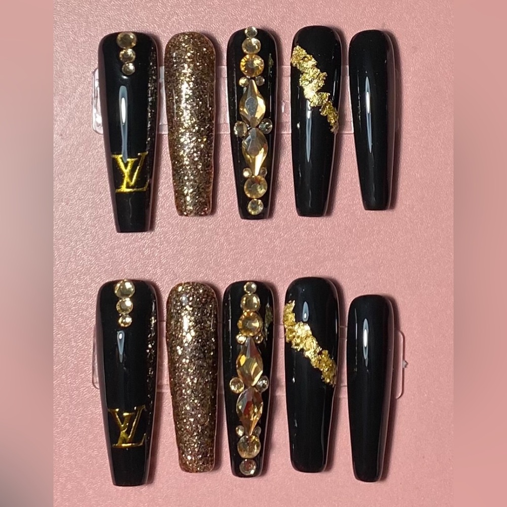 Hand Crafted Black & Gold Luxury XXL (2XL) Coffin Press On Nails Love Galore